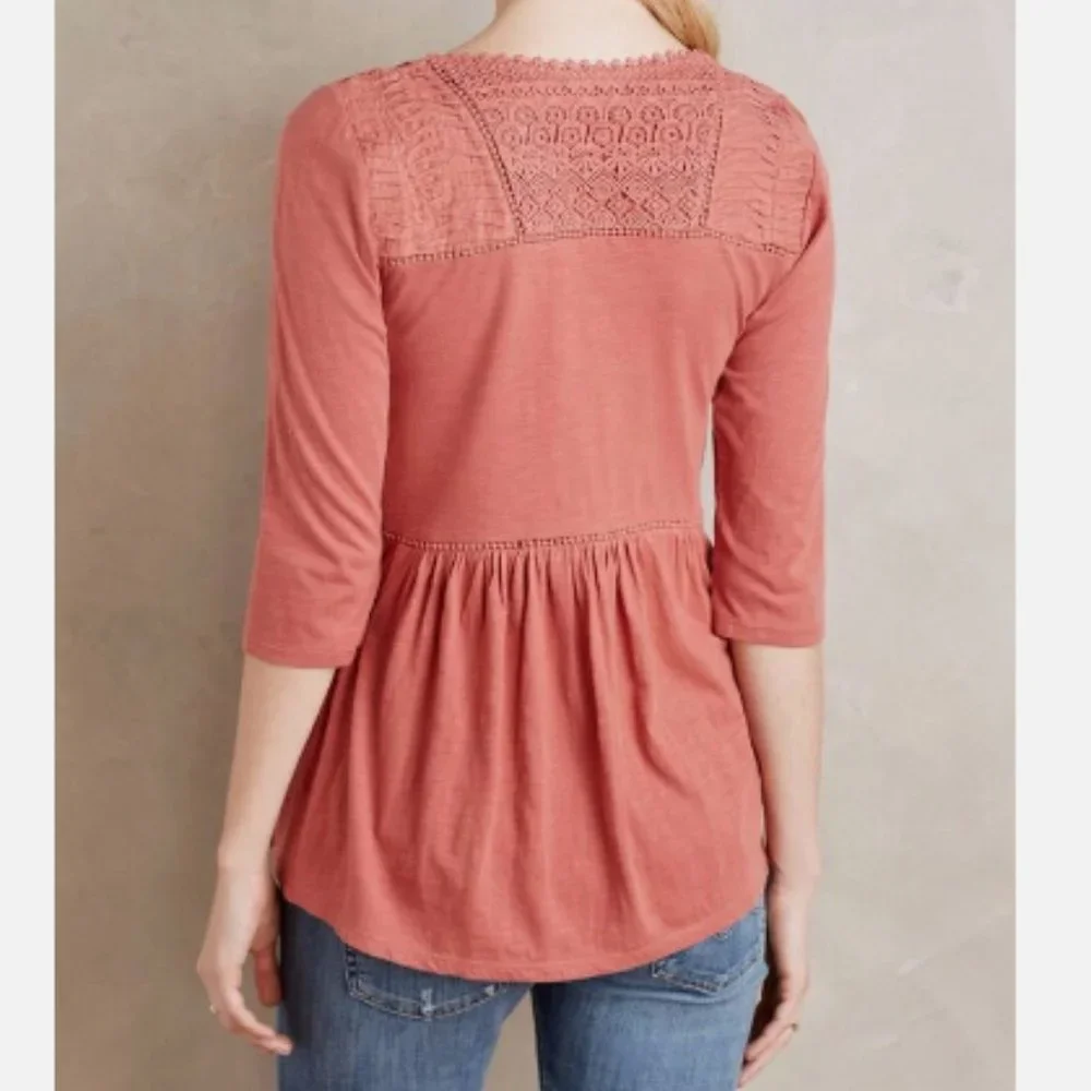ANTHRO I Terra Cotta Nosara Crochet Lace Peplum Shirt Top by Meadow Rue, S